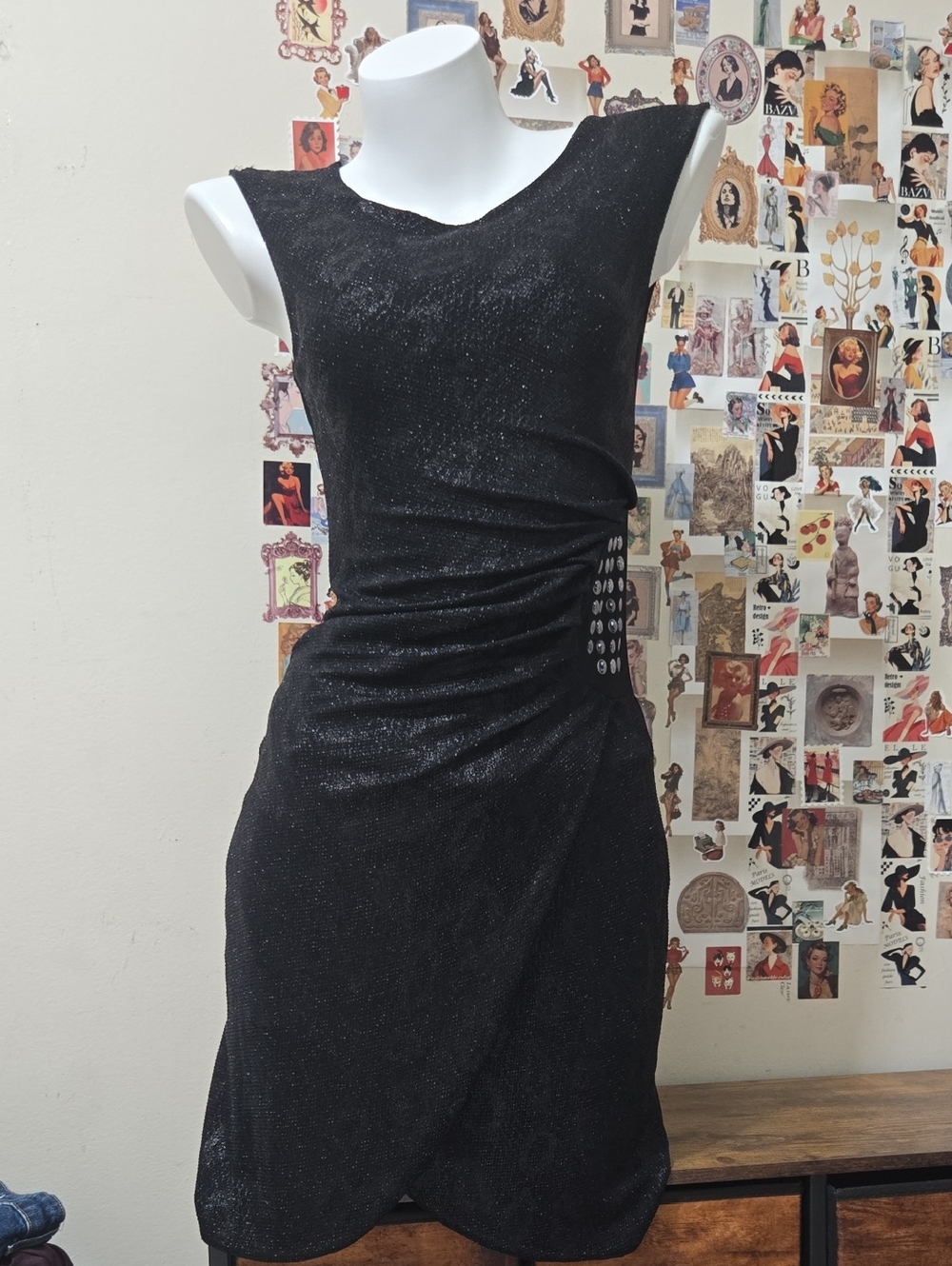 Alyssa Paris Black Glitter Leopard Asymmetric Slit Rouched Cocktail Dress